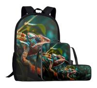 Beauty Collector Ensemble sac à dos caméléon pour filles avec sac à déjeuner et trousse à crayons assortis, Caméléon forestier