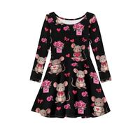 Beauty Collector Robe à manches longues pour fille - Col rond - Printemps - Vacances - Robe trapèze, Rat Love Rose Noir, 11-12 ans