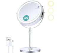Beauty Planet Miroir Grossissant avec Lumière, 20cm Rechargeable 1x/20x, Double Face, Miroir de Courtoisie LED Intensité Variable 3 Modes Couleur