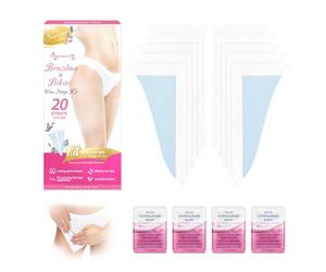 Beauty7 Bandes de cire froide pour bikini & épilation brésilienne pour peau sensible Bandes de cire brésilienne pour zone bikini peau sensible 20 bandes éveillées & 4 lingettes nettoyantes à l'huile