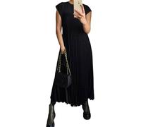 Beautyhis Robe plissée simple de couleur unie pour femme, robe longue plissée, col rond, robe longue d'été ample, Noir , L