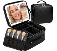 BeautyOnBoard Trousse de maquillage avec miroir LED, étui de maquillage en cuir synthétique - 3 niveaux de luminosité réglables, trousse de maquillage lumineuse avec miroir, séparateurs - Organiseur