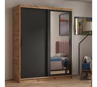 BEAUTYSOFA HELA armoire 100 cm - armoire à deux portes avec portes coulissantes, armoire avec miroirs, tringle de penderie et 2 tiroirs, (Artisan+noir)