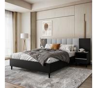 BEAUTYSOFA lit capitonné LECTUS 160x200 cm - lit design avec pied de lit, grille et deux tables de chevet - noir et gris clair (Jasmine 90)