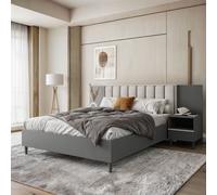 BEAUTYSOFA lit capitonné STELLA 160x200 cm - lit design avec pied de lit, grille et deux tables de chevet - graphite et beige clair (Jasmine 21)