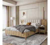 BEAUTYSOFA lit capitonné STELLA 160x200 cm - lit design avec pouf, grille et deux tables de nuit - Artisan & light beige (Jasmine 21)