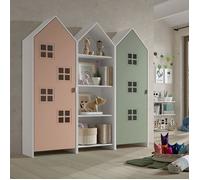 BEAUVILLE - Pack Bibliothèque + 2 Armoires Cabane Portes Verte et Rose