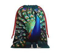 Beaux sacs cadeaux avec cordon de serrage imprimé paon pour Noël, fêtes de fin d'année, sac d'emballage cadeau, tailles assorties