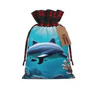 Beaux sacs cadeaux de Noël avec cordon de serrage imprimé dauphins du monde sous-marin pour emballage de Noël, sacs cadeaux festifs