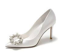 BeAUZQ Femmes mariée Mariage Talon Haut Dames Demoiselle d'honneur Talons Aiguilles Strass Boucle carrée soirée Bal Formelle Chaussures Classiques,Blanc,40