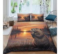 Beaver at coucher de soleil Housse de Couette Confortable Hypoallergique 3 pièces Nature landscape paint Linge de Lit avec 2 x Taies d'oreiller Super Douce for Garçons Filles Single（135x200cm）