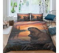 Beaver at coucher de soleil Housse de Couette résistante 3 Pièces 3D Effet Léger Wildlife peinture style Ensemble De Literie avec Taie d'oreiller Facile d'entretien for Couple Super king（260x220cm）