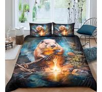 Beaver with stick Linge de Lit Entretien Facile Hypoallergique 3 pièces Fantaisie forêt scène Ensemble De Literie avec 2 Taies d'oreiller Léger for Chambre de adolescents Super king（260x220cm）