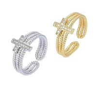 Beavorty 2 pièces Bague Croix Chrétienne Réglable pour Femme Anneau Ouvert Zircon Scintillant Design Confortable et Durable Lot de Or