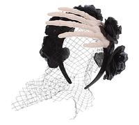 Beavorty Bandeau Tête De Mort Squelette Bandeaux D'horreur Casque De Crâne Casque D'halloween Rose Fleur Rose Avec Voile Briller Déguisements Pour Filles Black En Tissu
