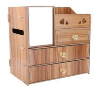 Beavorty Boîte de Rangement pour Cosmétiques en Bois de Cerisier, Organisateur Multifonction de Bureau 3 Tiroirs et Miroir Intégré, Étagère de Rangement Pratique pour Maquillage et