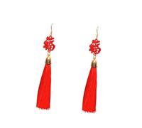 Beavorty Boucles d'Oreilles Pendantes Chinoises Rouges Motif « Fortune » Longues Gouttes Auriculaires à Pompon Alliage et Cristaux Style National pour Mariage et Festivités