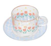 Beavorty Ensemble Tasse à Thé en Verre 180 Ml Soucoupe, Service à Thé Délicat Bleu Géométrique et Motif Tulipe, pour Boissons Chaudes et Moment de Détente la Maison