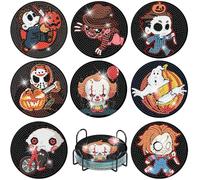 BEAYIOU Lot de 8 sous-verres de peinture diamant pour Halloween, films d'horreur, points de diamant 5D, kits de bricolage pour adultes