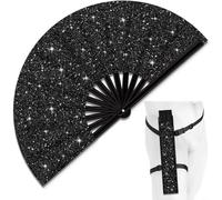 BEAZOOM Grand ventilateur pliable à paillettes avec étui de ceinture, 35 x 65 cm, ventilateur à main scintillant pour festival EDM, raves, fêtes, outil de refroidissement d'été léger et portable (noir