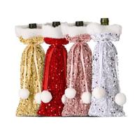 BEAZOOM Lot de 4 housses de bouteille de vin à paillettes avec cordon de serrage pour Noël, mariage, anniversaire, décoration de Noël, accessoires en tissu réutilisables