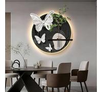 BEBANE Décoration Murale 3D Papillon avec éclairage LED, Tableau décoratif en grès sans Cadre, avec Vase en Verre et Plantes, au Salon, à la Chambre et à l’entrée(F,80cm/31.5in)