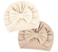 Bébé Chapeaux de Turban 2 pièces, Élastiques Doux pour Nouveau-nés et Tout-Petits (Blanc cassé/Marron)