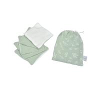 Bébé Douceur, Set de 5 Débarbouillettes Gaze de Coton et Eponge 11 x 11 cm avec Pochon Céladon