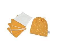 Bébé Douceur, Set de 5 Débarbouillettes Gaze de Coton et Eponge 11 x 11 cm avec Pochon Moutarde