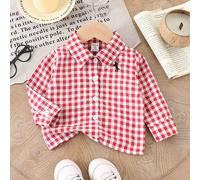 Bébé et jeune garçon Style de rue classique Chemise à manches longues avec col polo, à motif quadrillé rouge et blanc et broderie de chevalier, confortable et respirante, convient aux saisons de print