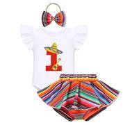 Bébé Fille 1er Premier Anniversaire Tenue Cinco De Mayo Set Mexique Tenue de vacances Barboteuse à Manches Courtes à Volants Jupe Shorts Bandeau Un An Fête D'été Vêtements Multicolore 6-12 Mois