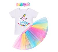 Bébé Fille Enfants 3ème Troisième Fête d'anniversaire Tenue Coton À Manches Courtes T-Shirt Top Princesse Arc-en-ciel Tutu Tulle Jupe Bandeau 3pcs Ensemble De Vêtements Photographie arc-en-ciel 3 Ans