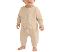 Bébé Fille Garçon Tenue de Pâques Lapin Broderie Barboteuse avec Queue Pompon Lapin Combinaison Neutre Nouveau-né pour Premières Pâques (Khaki, 0-3 Months)