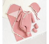 Bébé fille Lot de 4 pièces/Set Série rose Barboteuse à double face avec jacquard couverte pieds + Chapeau, Gants et Coffret cadeau 6-9M,0-1M,1-3M,3-6MFloral,Unicolore,PlantesPolyester,Tissu tricoté