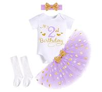 Bébé Filles 2ème Seconde Anniversaire Tutu Set Manche Courte Barboteuse Jupe Tutu en Tulle à Pois Bandeau Chaussettes 4 Pièces 2 ans Fête Vêtements Photographie Robe de Princesse Violet - 2nd 2 ans