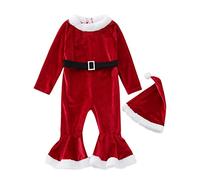 Bébé Filles Père Noël Ensembles Robe de Noel Bebe Fille Jumpsuit Velours Hiver Pantalon Flare avec Casquette Ceinture Noire Bordure Fourrure Costume Festif Noël