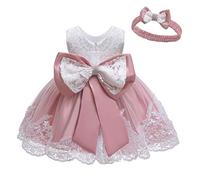 Bébé Filles Robes de Baptême en Dentelle Robe Nœud Papillon Princesse Fête Robe avec Bandeau Enfant en Bas âge Fille Formelle Mariage Anniversaire Bal de Promo Robes pour Enfants Rose 1-2 Ans n40