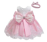 Bébé Filles Robes de Baptême en Dentelle Robe Nœud Papillon Princesse Fête Robe avec Bandeau Enfant en Bas âge Fille Formelle Mariage Anniversaire Bal de Promo Robes pour Enfants Rose 1-2 Ans n40