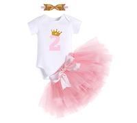 Bébé Filles Tout-petits 2ème Deuxième Anniversaire Outfit Deux Ans Fête Coton À Manches Courtes Barboteuse Body Princesse Tutu Tulle Jupe Bowknot Bandeau 3pcs Ensemble De Vêtements Rose 2 ans