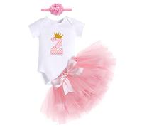 Bébé Filles Tout-petits 2ème Deuxième Anniversaire Outfit Deux Ans Fête Coton À Manches Courtes Barboteuse Body Princesse Tutu Tulle Jupe Bowknot Bandeau 3pcs Ensemble De Vêtements Rose 2 ans