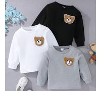 Bébé garçon 3 pièces T-shirts à manches longues en tricot gaufré de couleur unie avec petit logo d'ours, pour la saison automne-hiver, tenue de sortie casual 6-9M,9-12M,12-18M,18-24M,2-3YAnimal,Cartoo