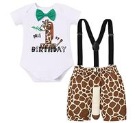 Bébé Garçons 1er Premier Anniversaire Tenues Barboteuse à Manches Courtes Short à Bretelles Costume de Thème Jungle Safari de 1 an Fête Anniversaire Ensemble de Photographie Cadeau Girafe 12-18 Mois
