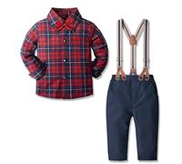 Bébé garçons 4 pièces vêtements Ensemble Chemise à Manches Longues Gentleman Bretelles Pantalon Noeud Papillon vêtements Noël(Rouge Noir,9-12 Mois),70