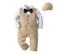 Bébé Garçons Gentleman Vêtements Nouveau-Né Combinaison Chemise Barboteuse Manches Courtes + Nœud Papillon/Cravate Costume Baptême Fête Anniversaire Cérémonie Mariage #Chapeau Long Kaki 3-6 mois