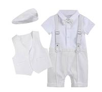 Bébé Garçons Gentlemen Barboteuse Costumes Enfant Baptême Mariage Vêtements Combinaison Nœud Papillon Gilet avec Chapeau Anniversaire Cérémonie Tenues Blanc 12-18 Mois