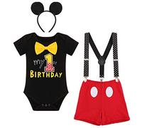Bébé Garçons Mickey Costume 1er Anniversaire Tenue + Nœud Papillon +Bretelle + Bandeau Oreilles Ensemble Halloween Noël Photographie Déguisement pour Nouveau-né Noir 1st Birthday Boxeur 12-18 Mois