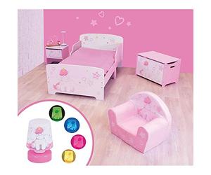 BEBE GAVROCHE Chambre complète Licorne 5 en 1 avec lit + Table de Chevet + Coffre à Jouets + Fauteuil Club + veilleuse