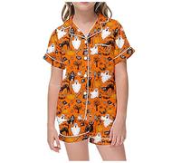 Bebe Halloween Deguisement,Ensemble Pyjama pour Enfants Loisirs Halloween imprimé col boutonné Manches Courtes Haut et Short pour Les Nuits Douces (White, 8-9 Years)