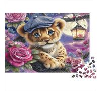 Bébé Lion Mignon Chapeau Puzzle de 1000 Pièces pour Adultes Bébé Léopard Mignon dans Roses avec Lanterne Premium Robuste Vibrant Stimulant Anti-Stress Jeu Familial Décoration 38x26cm/1000pcs