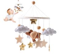 Bébé Mobile Bois éléphants, Bébé Carillon éolien Cloche de Lit, Mobile Musical Bébé, Non Tissé Eléphant Nuage Etoile Mobile Lit Bébé, Suspension Jouets Bébé, Décoration de Chambre d'enfant